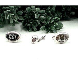 Personalized Engraved Silver Cufflinks & Tie Tack Set